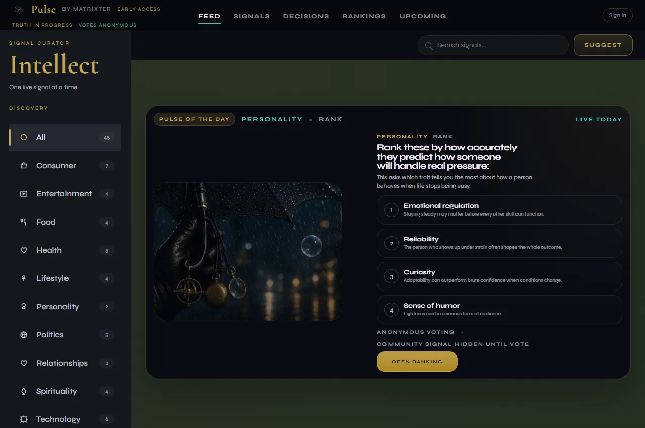 Pulse feed showing a ranking question and anonymous voting options